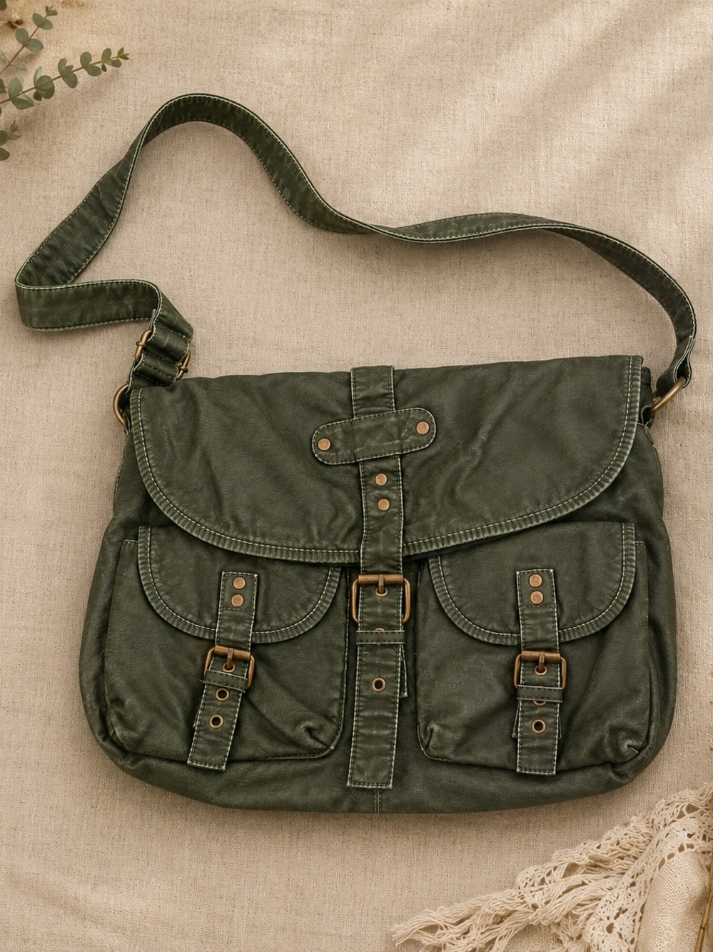 Maurices Olive Green Crossbody Messenger Bag Faux Leather Cargo Pocket Purse